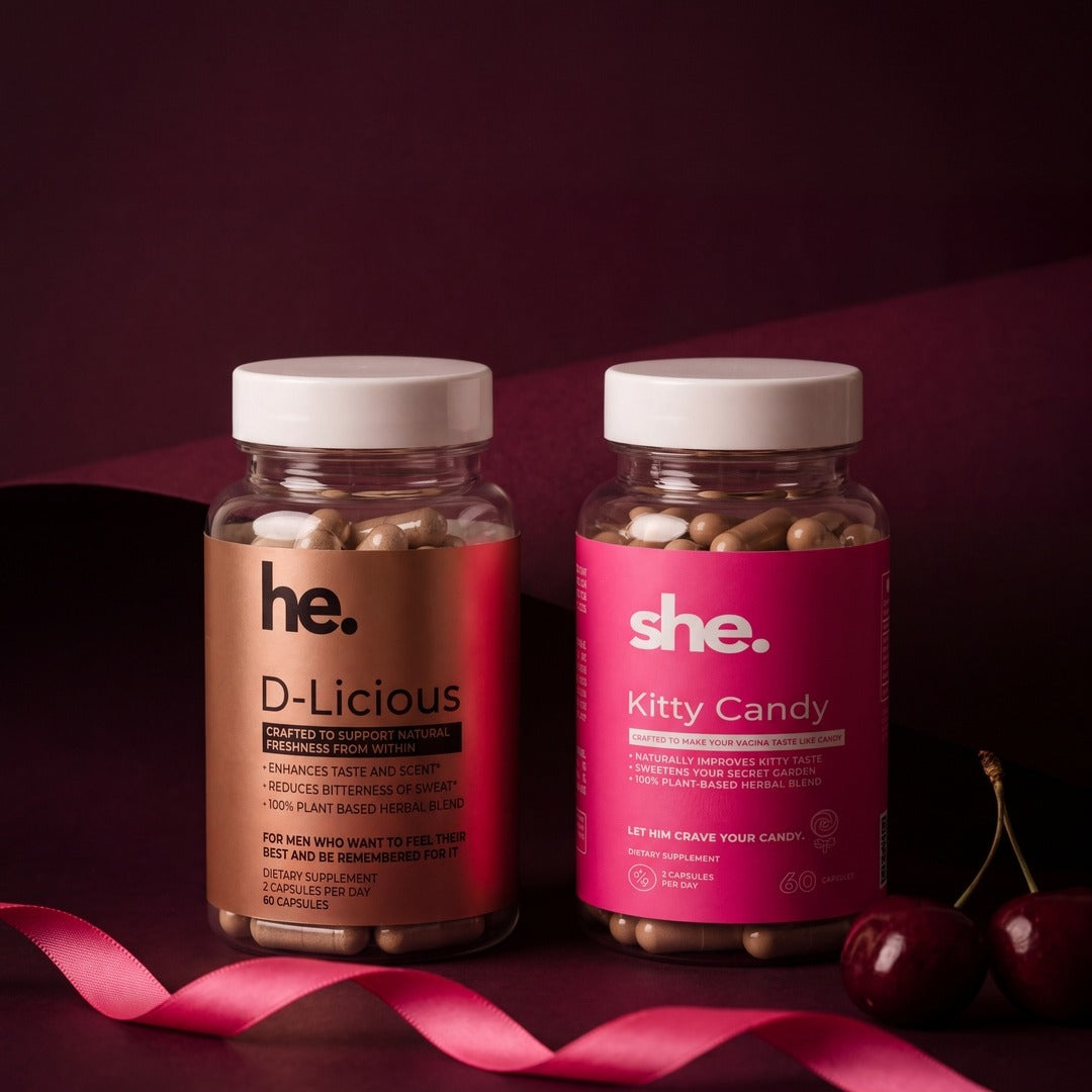 Devour Me bundle - D-Licious for him and Kitty Candy for her, side by side with cherries